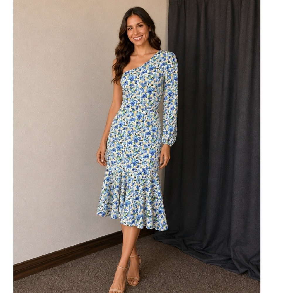 Altar'd State Floral One Shoulder Midi Dress one Long Sleeve Mermaid Hem Med‎